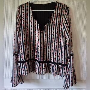 Buffalo Boho Sheer Blouse - Striped Floral Design With Bell Sleeves - Size L
